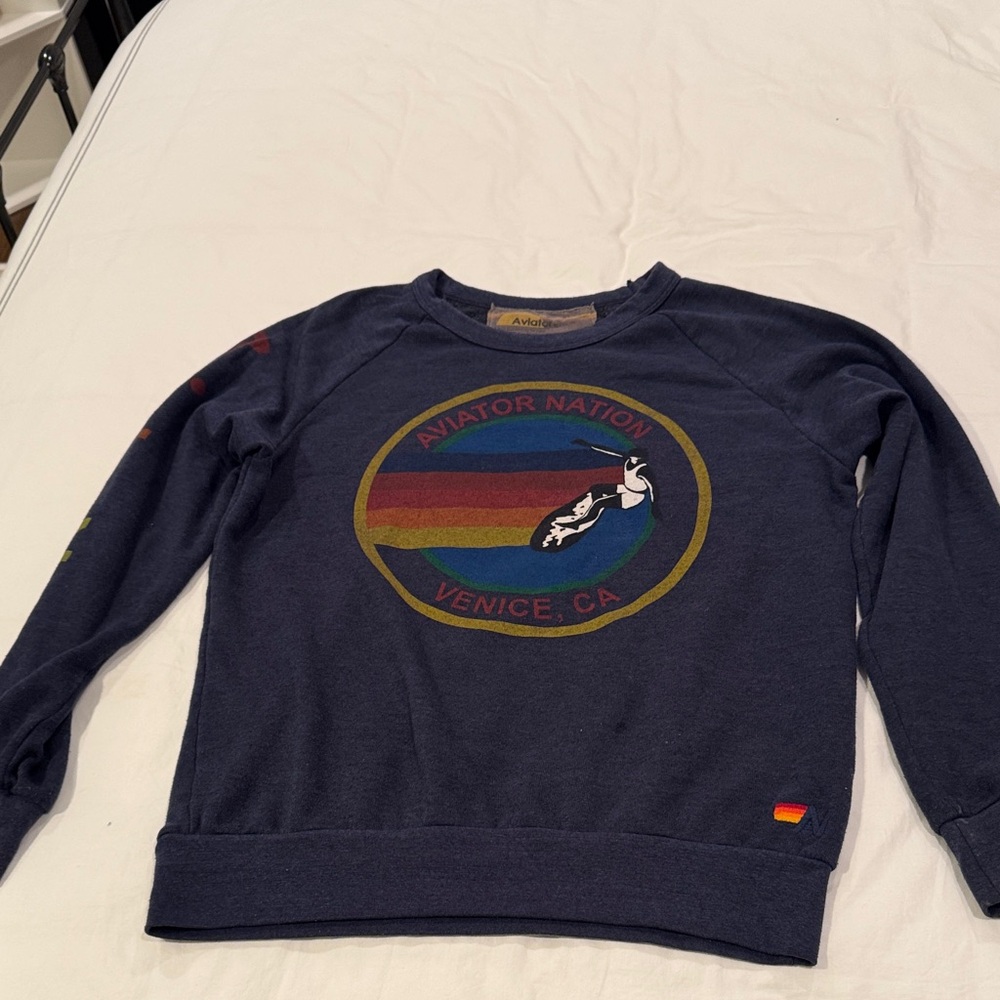 Aviator Nation Navy Sweatshirt with Rainbow Stripes